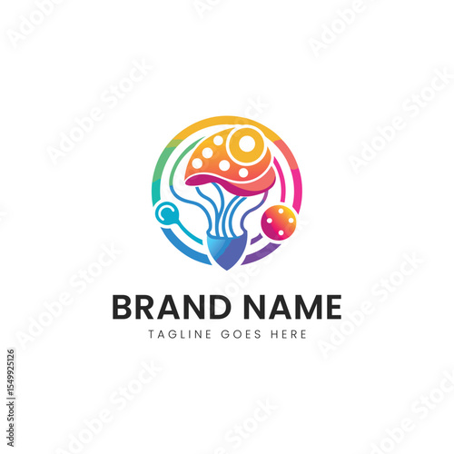 A vibrant, colorful logo featuring a stylized mushroom, symbolizing creativity and growth, surrounded by abstract shapes in a circular design.