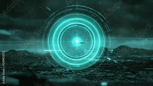 Futuristic military targeting system over digital city with plane scan motion graphic