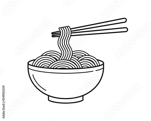 Simple line art illustration of chopsticks lifting a portion of noodles from a bowl