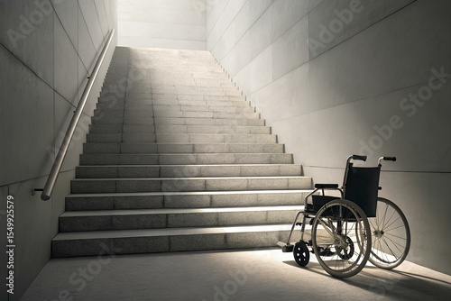 Empty wheelchair facing a stairway in minimalist architecture, symbolizing barriers, accessibility issues, and urban design challenges