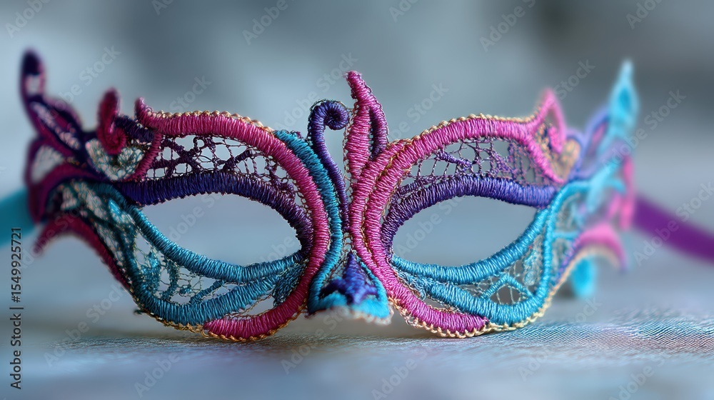 Naklejka premium Floral lace mask in vibrant magenta and cyan on a softly blurred ballroom dance floor background