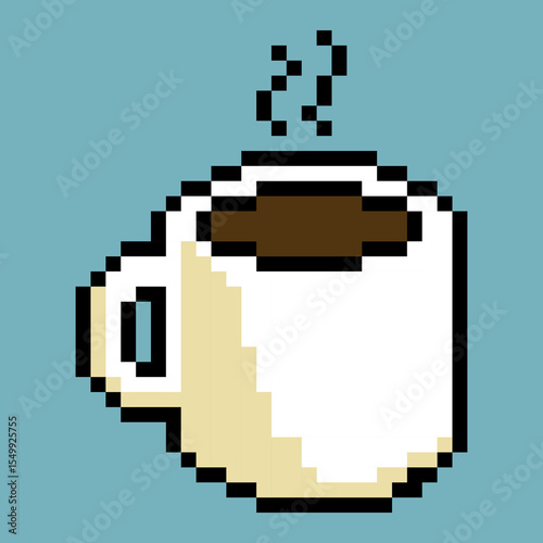 pixel art white coffee cup with steam coming out of it. The image is pixelated and has a blue background