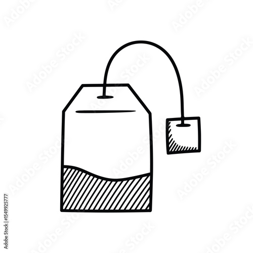 Simple black and white hand drawn illustration of a tea bag with string and tag