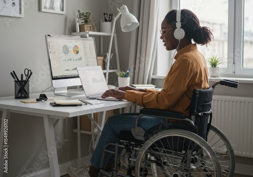 A woman in a wheelchair works on her laptop and computer in a home office setup.