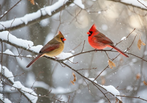 Two cardinals, a male and female, perched on a snow-covered branch, sharing a moment