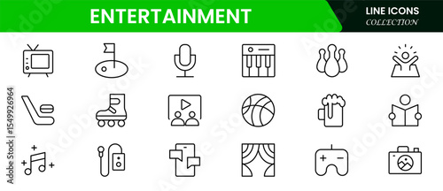 Vibrant vector web line icons showcasing entertainment, movies, music, games, and digital platforms for immersive and joyful leisure experiences.
