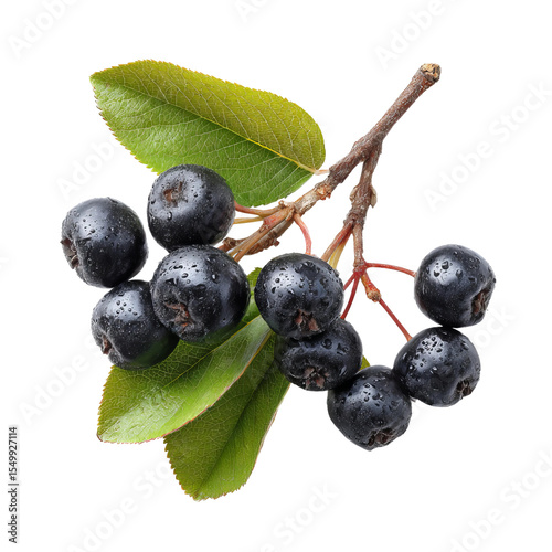 Aronia Berry Branch: A close-up shot reveals a vibrant branch of aronia berries, showcasing the natural beauty of these dark, plump fruits, complemented by fresh green leaves and a delicate stem.