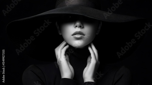Elegant black and white portrait of a woman in a wide-brimmed hat mysterious mood