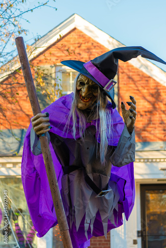 Halloween witch outdoor. Happy Halloween. Spooky and evil witch has broom. Day of dead. Dead Halloween witch. Trick or treat. Celebrate All Hallows party holiday. All Hallows. October 31