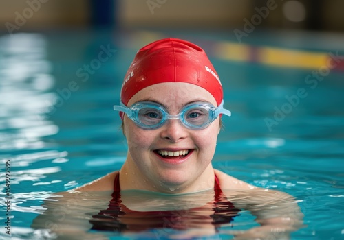 Smiling woman with Down syndrome enjoys a swim in the pool