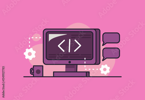 Coding workspace featuring a computer, gears, and chat bubbles. Ideal for technology or software development concepts in graphic design.