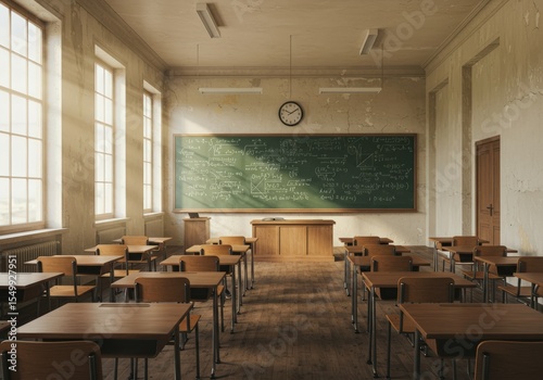 A vintage classroom is filled with desks, a chalkboard, and sunlight.