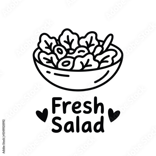 Simple line art illustration of a fresh salad bowl with hearts and text