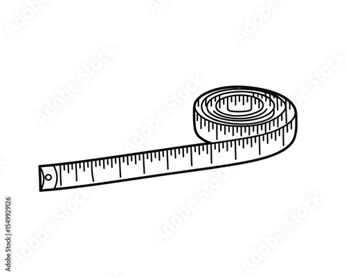 Black and white line drawing of a flexible measuring tape unrolling on a white background