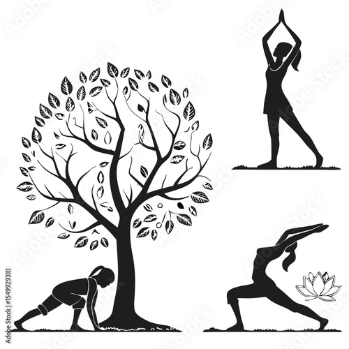 A black vector silhouette illustration of a woman doing yoga on a tree, embodying sport, dance, and fitness
