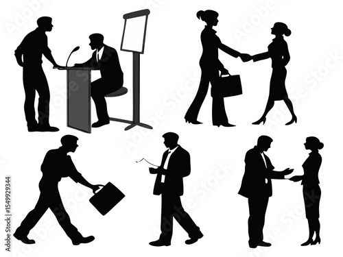 Business people silhouettes illustration with men and women standing walking and carrying bags in black vector style