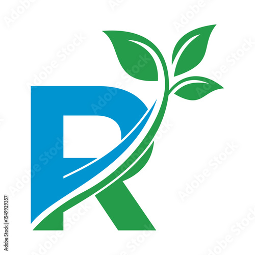 Initial Green Leaf Logo combine with letter R vector template	