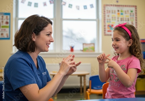 A speech therapist teaches sign language to a young girl in a classroom, smiling and interacting.