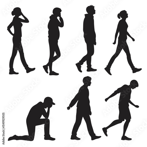 This illustration depicts the evolution of human silhouettes in various poses, from a single man to a group of people dancing, emphasizing body outline in black vector art