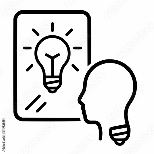 Mirror with lightbulb reflection. Introspective learning icon