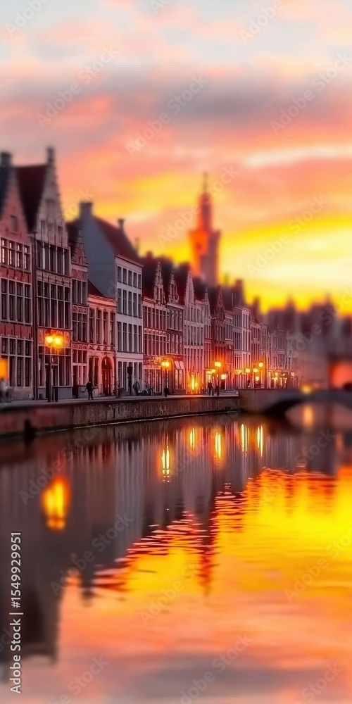 Obraz premium Sunset Reflection Over Historic Canal and Buildings in Bruges