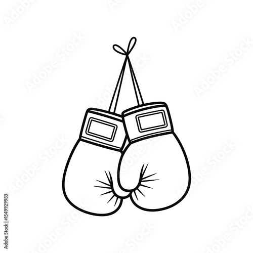 Pair of boxing gloves hanging by laces on white background