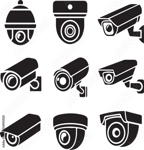 Collection of black and white security cameras icons for surveillance and protection
