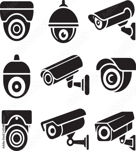 Collection of silhouetted security cameras illustrating various types for surveillance and safety