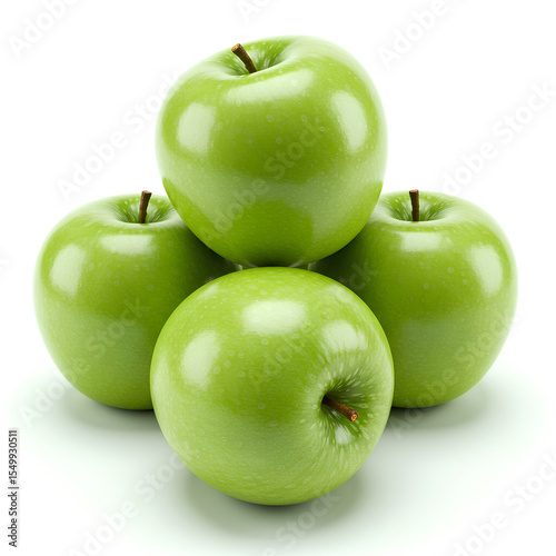 A pyramid stack of vibrant green Granny Smith apples, fresh and healthy whole fruit, isolated on white background