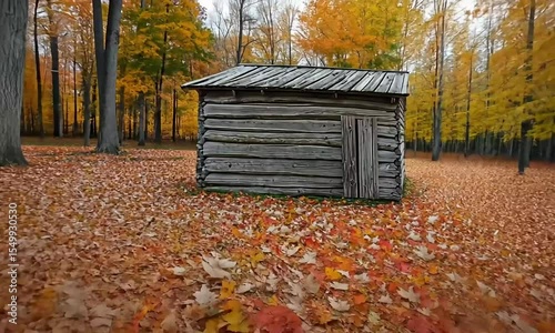 Rustic wooden cabin nestled amidst a blanket of autumn leaves