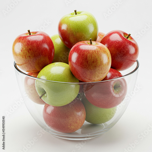 A clear glass bowl brimming with a colorful mix of fresh red and green apples, a healthy and vibrant fruit display, perfect for snacking, isolated on a white background