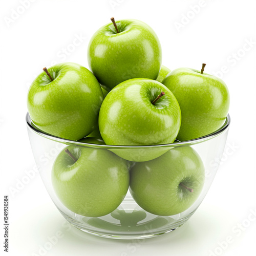 A clear glass bowl brimming with fresh, vibrant green apples, a healthy and crisp fruit snack, isolated on a white background