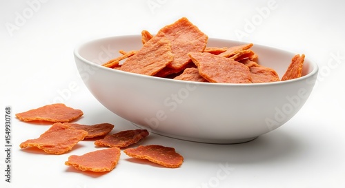 Delicious and flavorful beef jerky in a pristine white bowl on white background