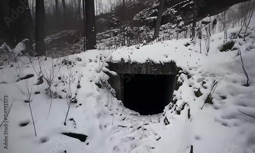 Snowy Forest Entrance to a Dark Tunnel