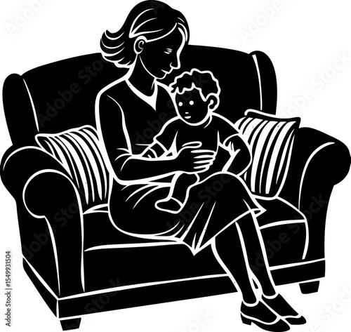 "Mother and child cuddling on sofa silhouette" on a white background