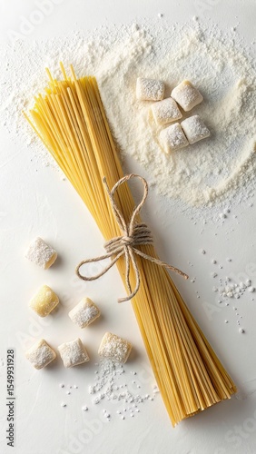 Overhead view of uncooked spaghetti and gnocchi with flour on white background