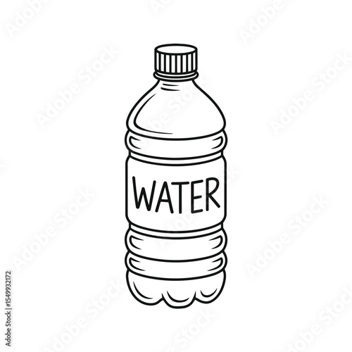 Simple black and white line drawing of a plastic water bottle with the word water on the label
