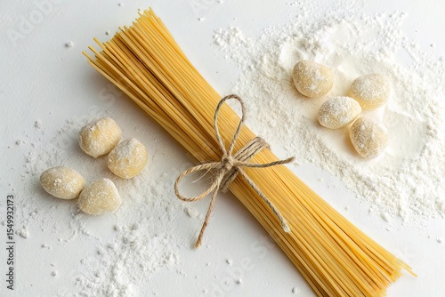 Spaghetti Bundle with Dough Balls and Flour on White Background