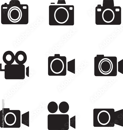 Simple vector illustrations of photographic cameras and video cameras icons in black and white
