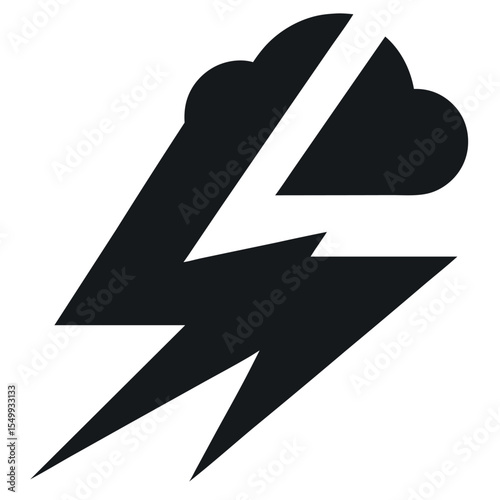 Black Symbol Depicting a Lightning Bolt Emanating from Two Clouds on White