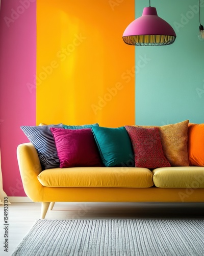 Vibrant Living Room: A stylish yellow couch, adorned with an array of colorful cushions, invites relaxation against a backdrop of striking multi-colored walls.