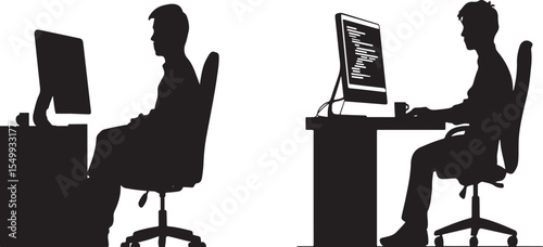 Two professionals working silhouetted at desks on computer coding or office work
