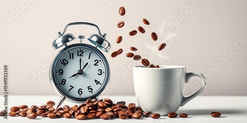 A cheerful doodle alarm clock spilling coffee beans onto a steaming coffee cup,   illustration art, alarm clock