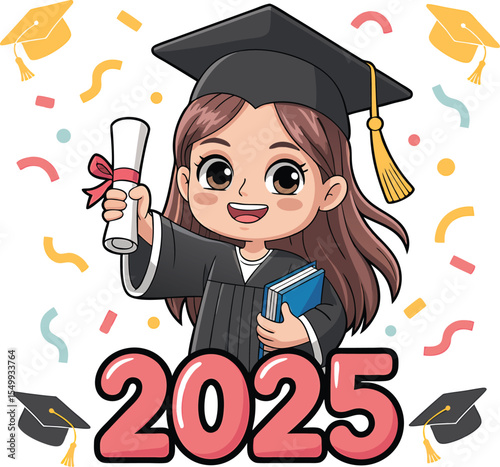 Graduation day with a smiling woman wearing a cap and gown, holding her diploma, celebrating academic success and achievement