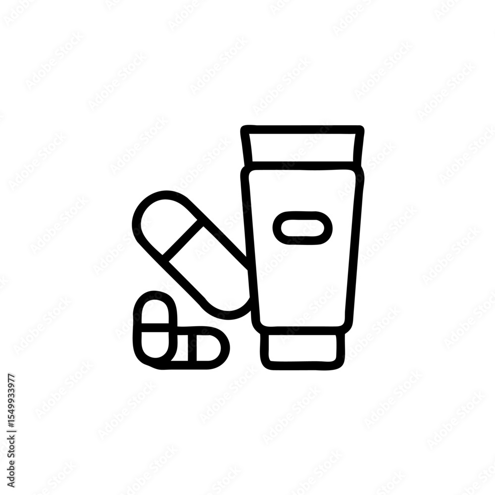Handdrawn Line Art of Capsules and Cream Tube Healthcare Medical Icon vector Handdrawn Line Art of Capsules and Cream Tube Healthcare Medical Icon vector