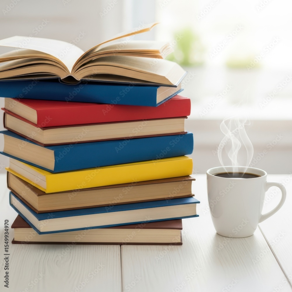 Naklejka premium Pile of colorful books with an open book on top and a cup of steaming coffee