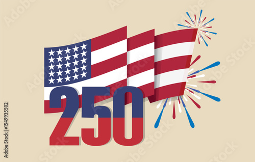 Fourth of July. American Flag with Fireworks for Independence Day Celebration, perfect for July 4th patriotic themes. 250 years of US independence