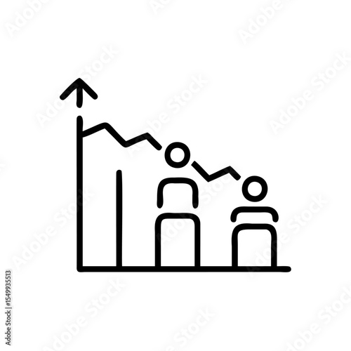 Handdrawn Line Art Graph Showing Decreasing People Count with Upward Trend Arrow