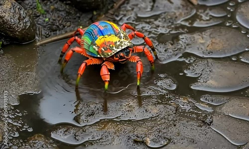 Vibrant colorful crab in a muddy puddle