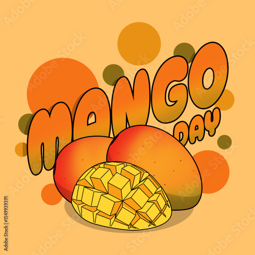 Mango Day to celebrate on July 22nd. Illustration of delicious mango fruits with bold text and colorful dots on bright yellow background. Fruit event banner.